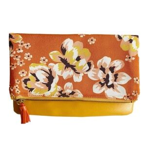 Rachel Pally Reversible Floral Canvas Foldover Clutch Yellow Vegan Leather OS